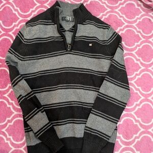 Simons Black & Gray Striped Zip-Neck Sweater